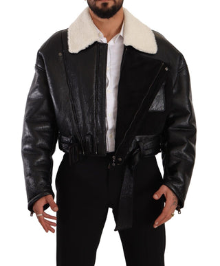 Schwarze Leder-Shearling-Bikerjacke