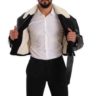 Schwarze Leder-Shearling-Bikerjacke