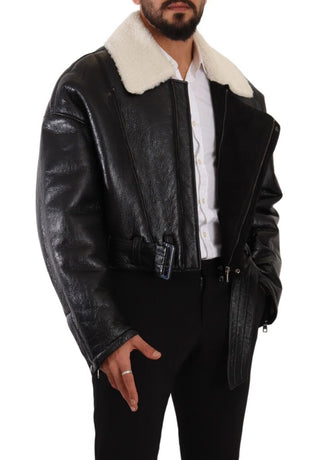 Schwarze Leder-Shearling-Bikerjacke