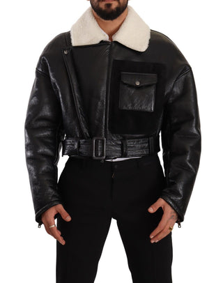 Schwarze Leder-Shearling-Bikerjacke