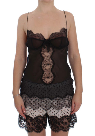Top de lencería babydoll de seda negra con encaje