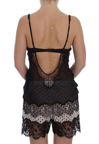 Top de lencería babydoll de seda negra con encaje