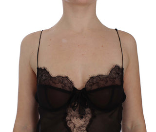 Top de lencería babydoll de seda negra con encaje