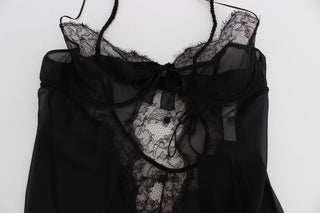 Top de lencería babydoll de seda negra con encaje