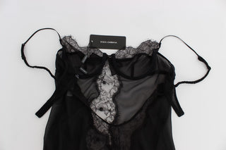 Top de lencería babydoll de seda negra con encaje