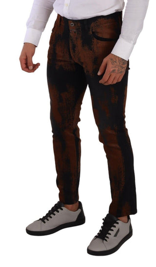 Schwarze, braune Batik-Röhrenjeans aus Baumwolle