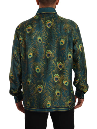 Herren-Seiden-Pyjamahemd mit Pfauenfeder-Print