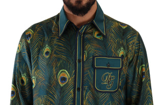Herren-Seiden-Pyjamahemd mit Pfauenfeder-Print