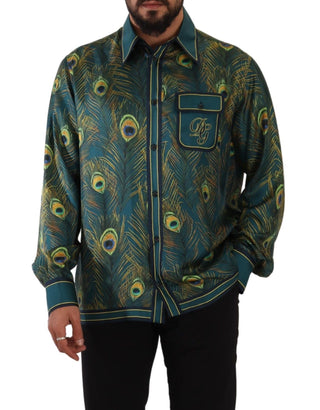 Herren-Seiden-Pyjamahemd mit Pfauenfeder-Print
