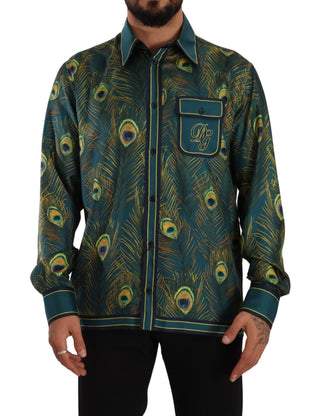 Herren-Seiden-Pyjamahemd mit Pfauenfeder-Print