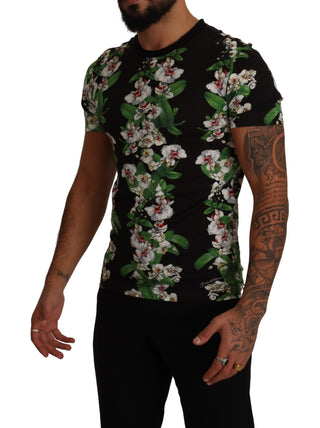 Schwarzes T-Shirt mit Blumenmuster und Rundhalsausschnitt