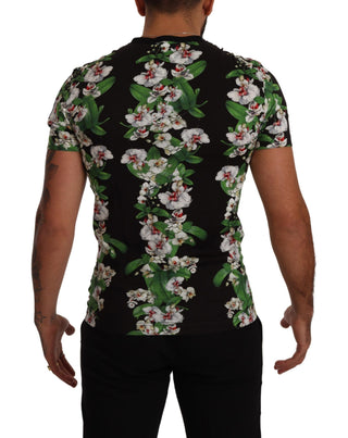 Schwarzes T-Shirt mit Blumenmuster und Rundhalsausschnitt