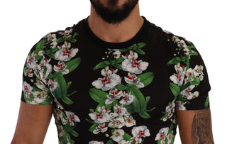 Schwarzes T-Shirt mit Blumenmuster und Rundhalsausschnitt