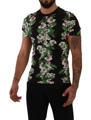 Schwarzes T-Shirt mit Blumenmuster und Rundhalsausschnitt
