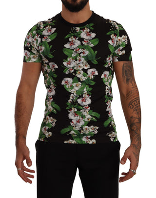 Schwarzes T-Shirt mit Blumenmuster und Rundhalsausschnitt