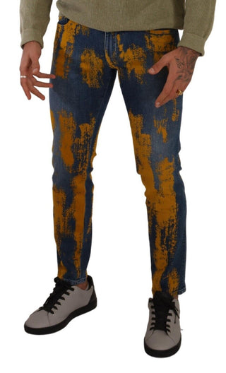 Jeans de mezclilla ajustados de algodón azul y amarillo