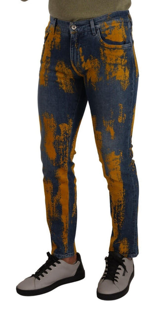 Jeans de mezclilla ajustados de algodón azul y amarillo