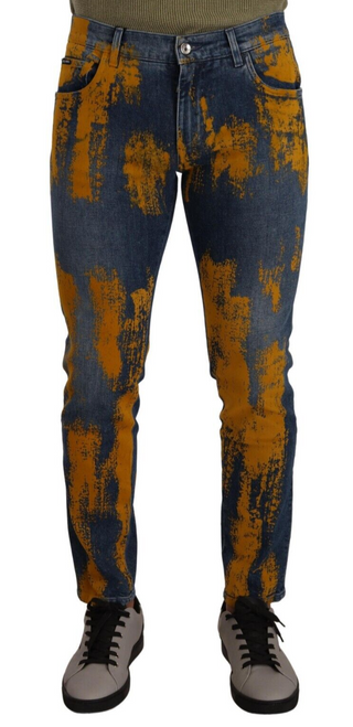 Jeans de mezclilla ajustados de algodón azul y amarillo