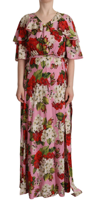 Vestido maxi de gala de seda floral rosa con stretch
