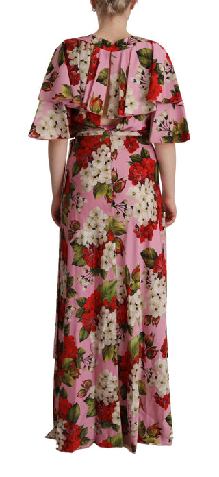 Vestido maxi de gala de seda floral rosa con stretch