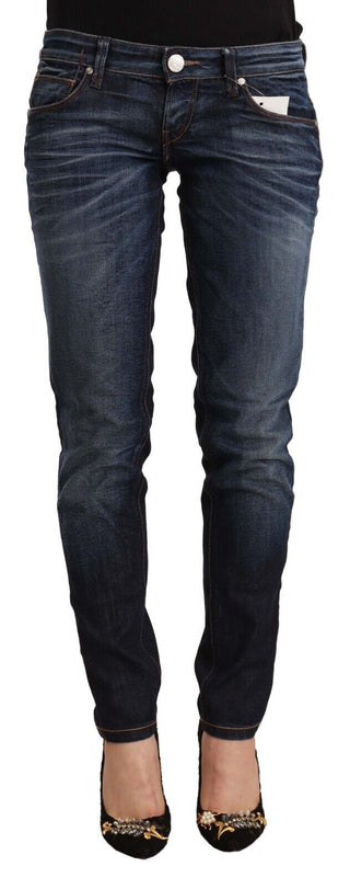 Jeans Skinny de Denim de Algodón Lavado en Azul de Cintura Baja