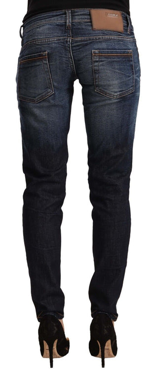 Jeans Skinny de Denim de Algodón Lavado en Azul de Cintura Baja