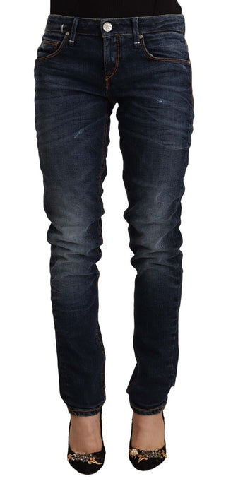 Jeans Skinny de Denim de Algodón Lavado en Azul de Cintura Media