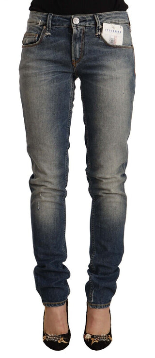 Jeans Skinny de Denim de Algodón Lavado en Azul de Cintura Media
