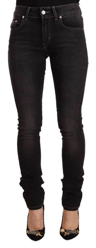 Jeans Skinny de Denim de Algodón Lavado en Negro de Cintura Media