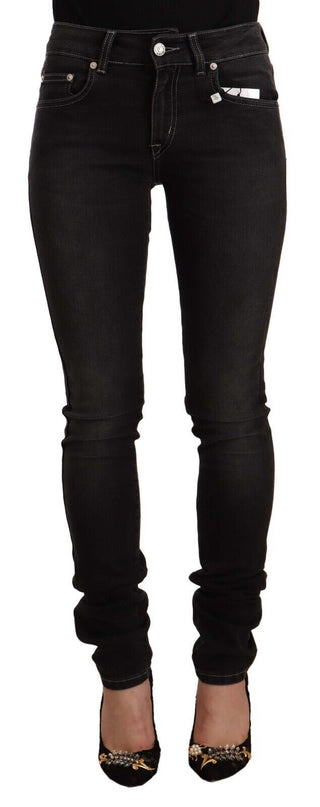 Jeans Slim Fit de Algodón Lavado en Negro de Cintura Media