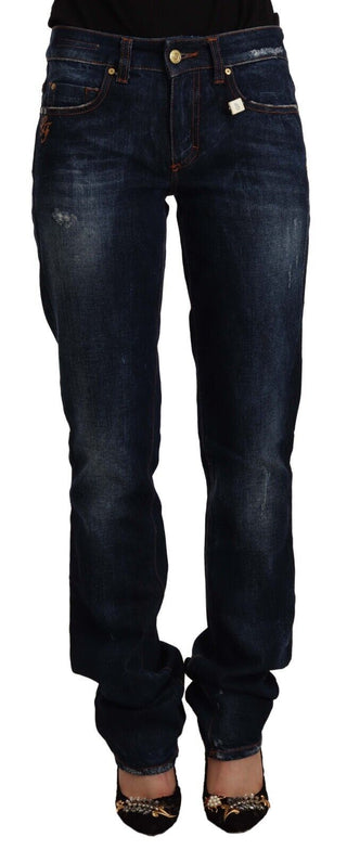 Jeans Rectos de Denim de Algodón Lavado en Azul de Cintura Media