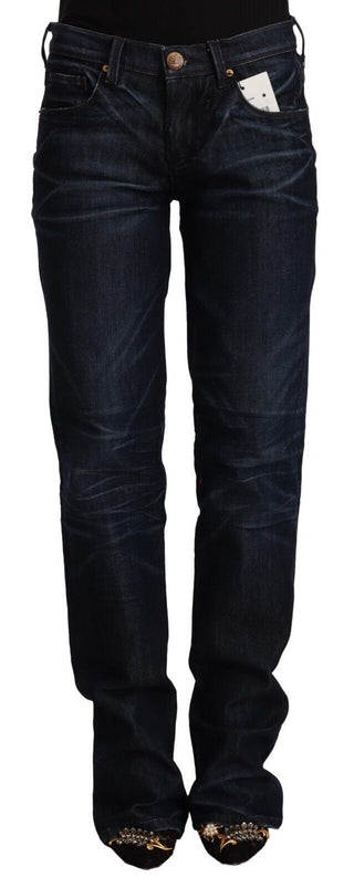 Dunkelblaue gerade Jeans aus Baumwolldenim mit mittlerer Bundhöhe