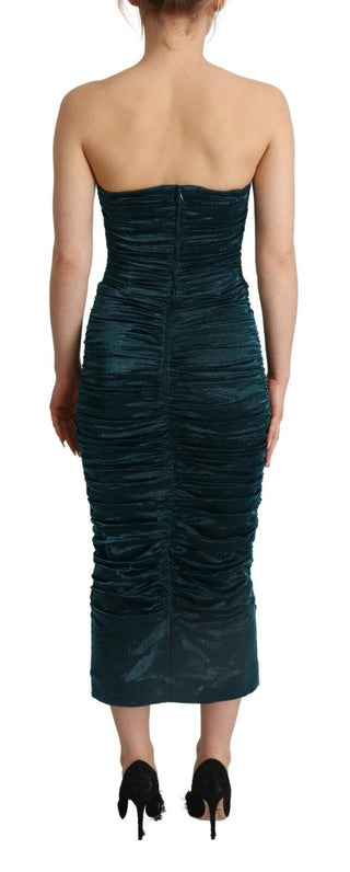 Turquoise Bustier Bodice Draped Midi Dress.