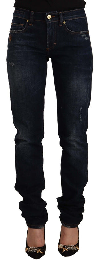 Dunkelblaue gewaschene Mid-Waist-Skinny-Jeans aus Baumwoll-Denim