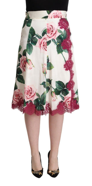 Falda midi línea A de cintura alta con estampado de rosas blancas