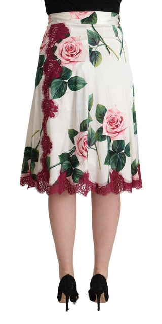 Falda midi línea A de cintura alta con estampado de rosas blancas