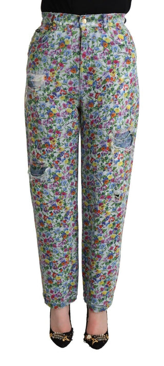 Blaue Jeans mit Blumenmuster, hoher Taille und schmal zulaufendem Bein
