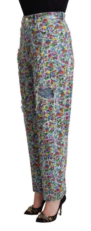 Blaue Jeans mit Blumenmuster, hoher Taille und schmal zulaufendem Bein