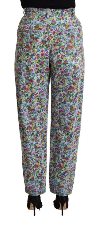 Blaue Jeans mit Blumenmuster, hoher Taille und schmal zulaufendem Bein