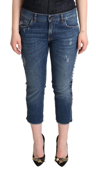 Blaue verwaschene Mid-Waist Jeans mit Logo im Cropped-Schnitt