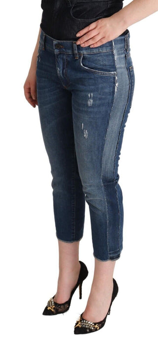 Blaue verwaschene Mid-Waist Jeans mit Logo im Cropped-Schnitt