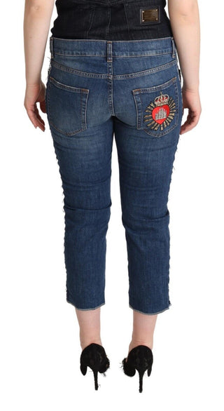 Blaue verwaschene Mid-Waist Jeans mit Logo im Cropped-Schnitt