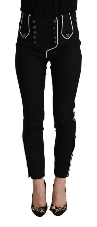 Schwarze Mid-Waist-Hose mit Knopfverzierung und schmaler Passform