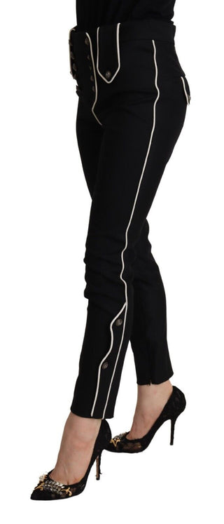 Schwarze Mid-Waist-Hose mit Knopfverzierung und schmaler Passform