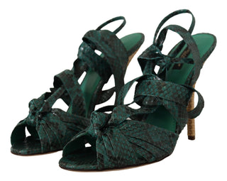 Sandalias verdes de tacón con tiras de piel de pitón