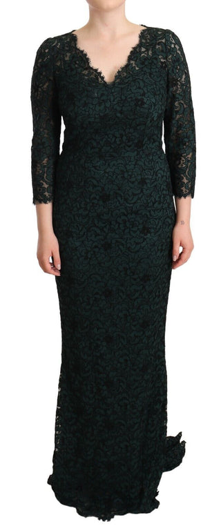 Vestido largo verde con encaje floral hasta el suelo
