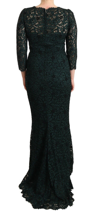 Vestido largo verde con encaje floral hasta el suelo