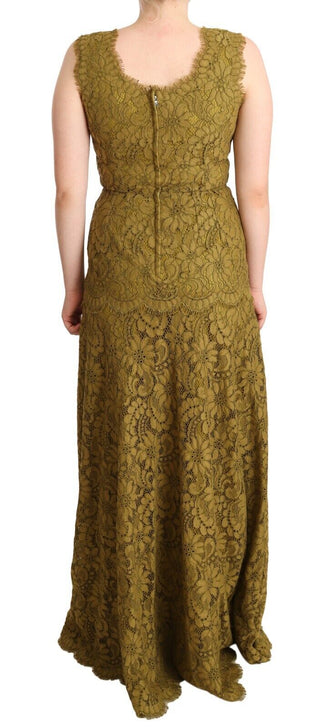Vestido largo marrón con encaje floral hasta el suelo