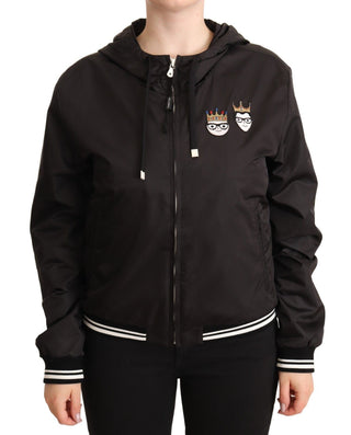 Schwarze Polyester-Kapuzenbomberjacke mit durchgehendem Reißverschluss