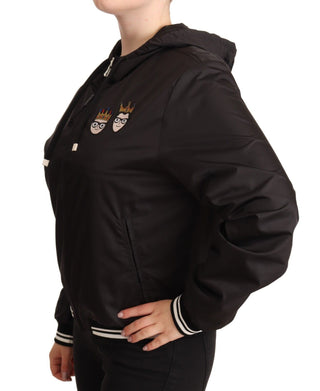 Schwarze Polyester-Kapuzenbomberjacke mit durchgehendem Reißverschluss
